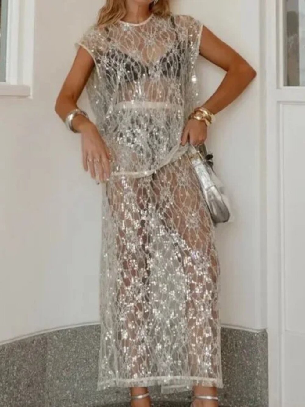 Sheer 2-Piece Top & Skirt Set White & Silver